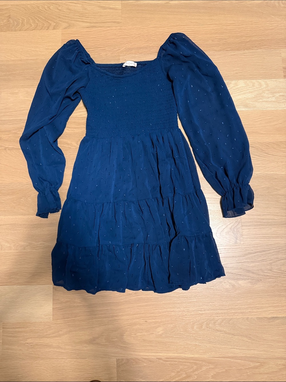 Altar'd State Navy Smocked Tiered Mini Dress with Puff Sleeves